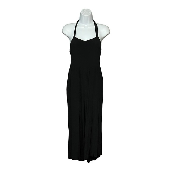 Madewell Crop Straight Wide-Leg Halter Jumpsuit Solid Black Soft Drapery Pocket - Picture 1 of 8